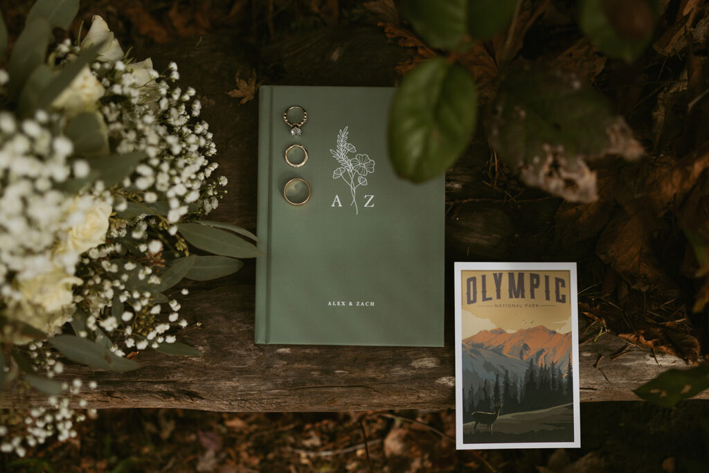 A close-up of wedding rings, a bridal bouquet, and an Olympic National Park postcard are shown from a PNW elopement photo gallery