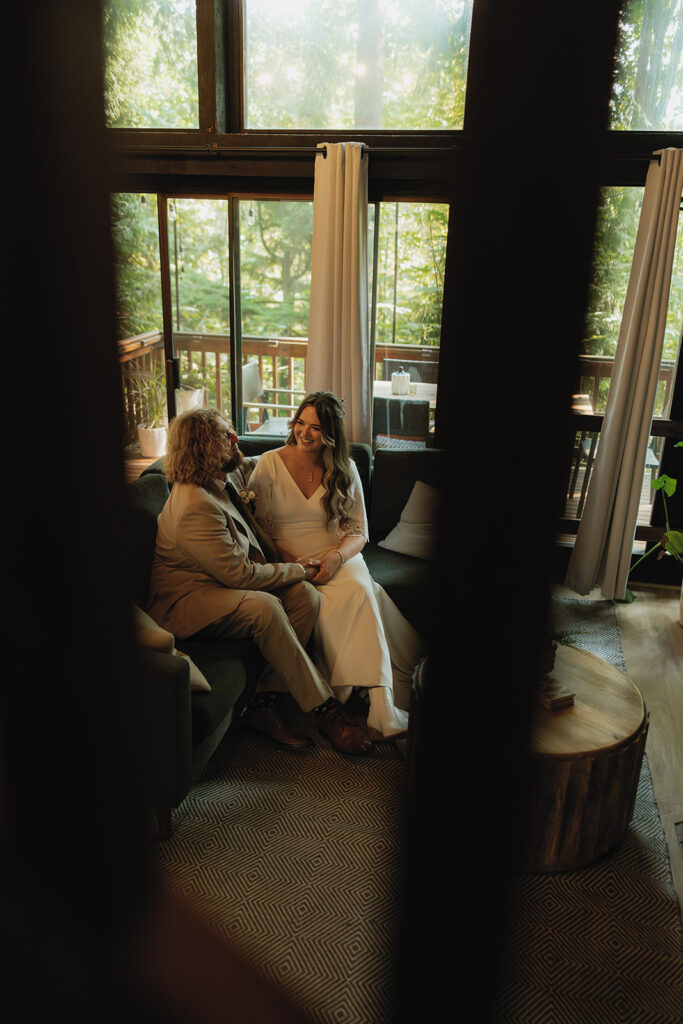 Newlyweds are photographed at their Airbnb after eloping in Washington