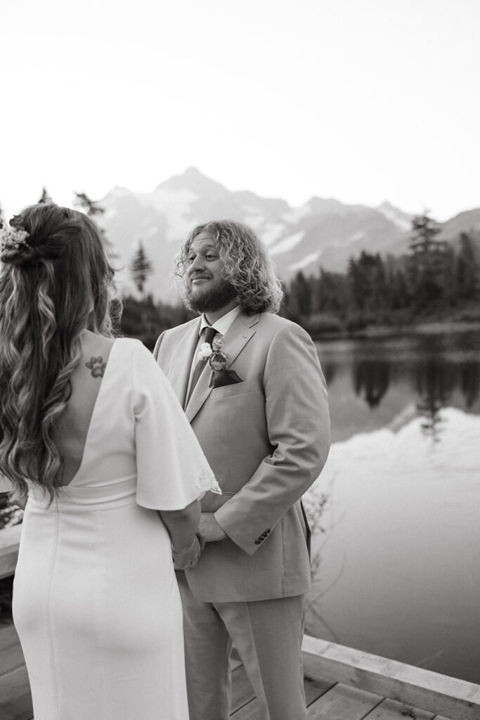 A black and white image of a first look shot before a Washington elopement