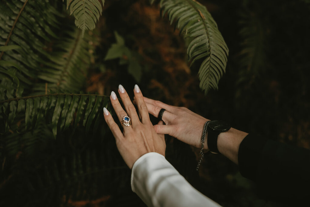 A detail shot taken at a Hoyt Arboretum wedding shows a detail shot of newlyweds' rings against a backdrop of ferns and forest floor