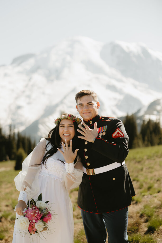 Newlyweds are photographed at their Sunrise Mt. Rainier elopement ceremony in Washington