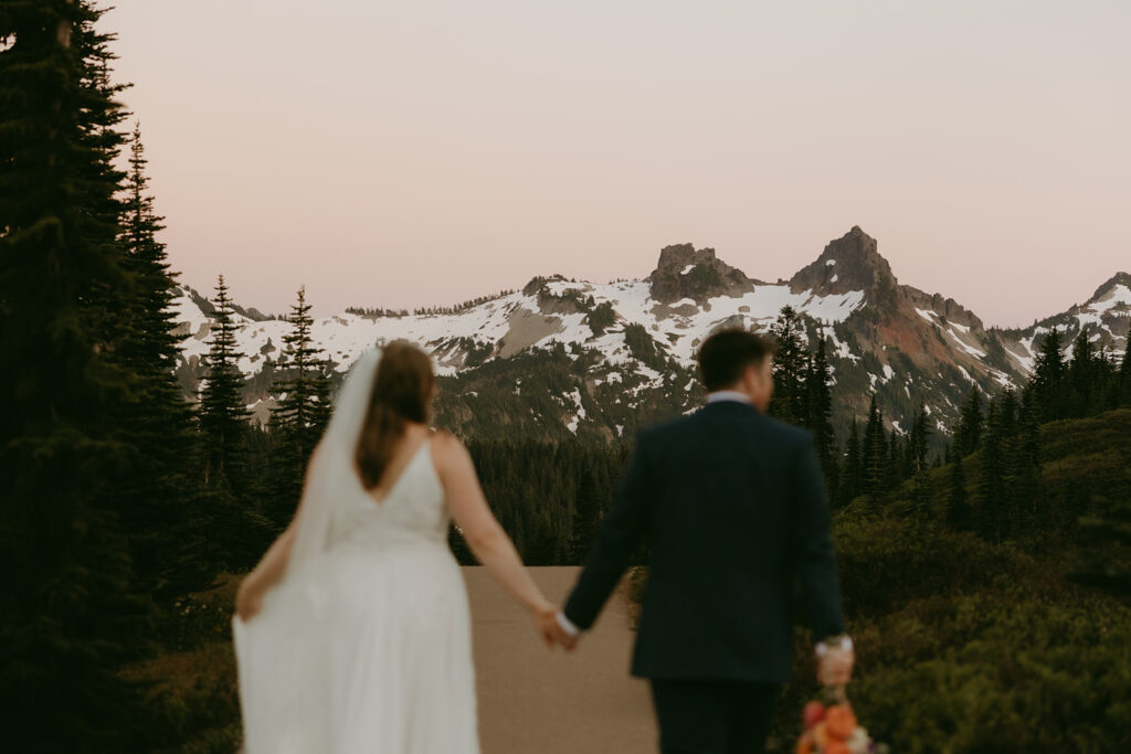 A bride and groom in their wedding attire are photographed before the mountains at their Washington elopement location