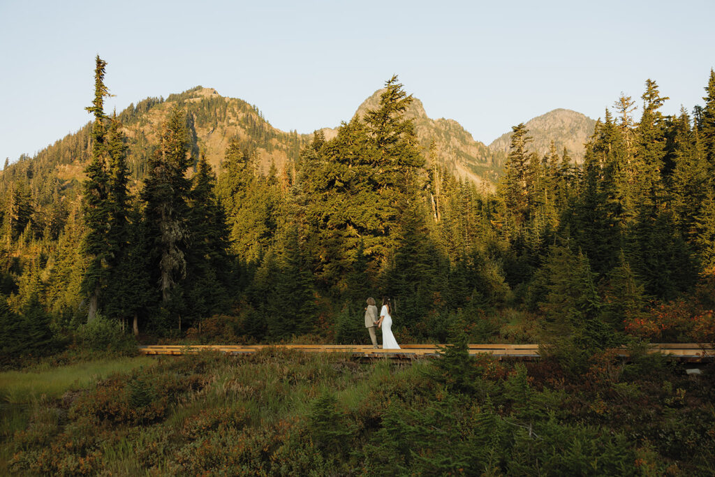 Newlyweds are pictured in a panoramic photo at Picture Lake as part of a Washington elopement locations guide