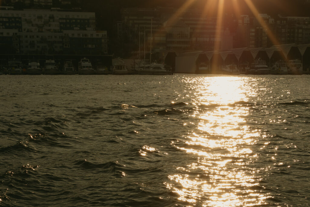 Lake Union on a July evening with sun rays coming down