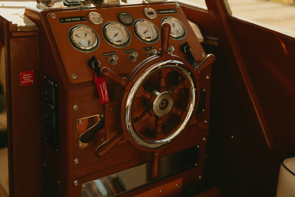 The steering wheel of a boat